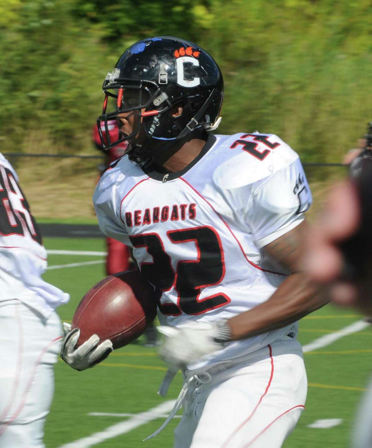 Connecticut Bearcat Eric Brown has possession of the ball during a game against the Western Connecticut Militia on Sunday September 16, 2012 at Immaculate High School in Danbury.