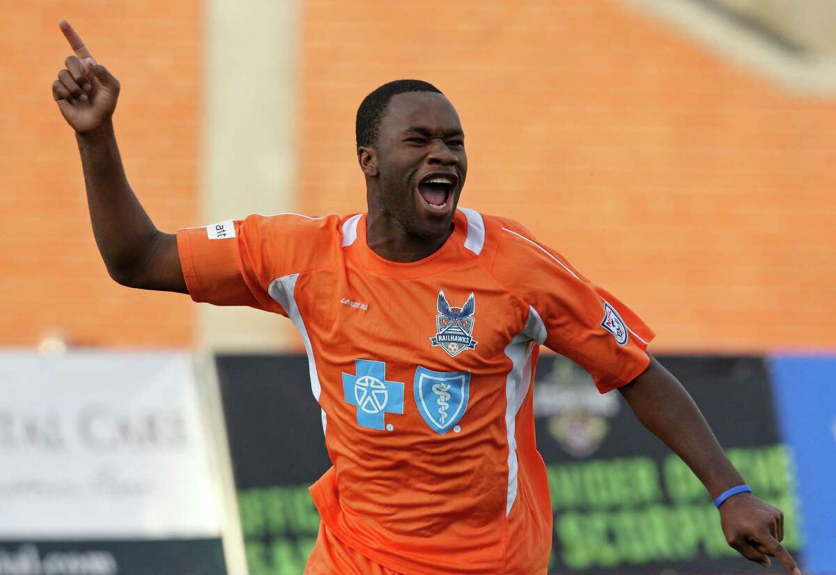 RailHawks' Gale Aqbossoumonde celebrates after scoring a goal against the Scorpions during first half action Sunday Sept. 16, 2012 at Heroes Stadium.