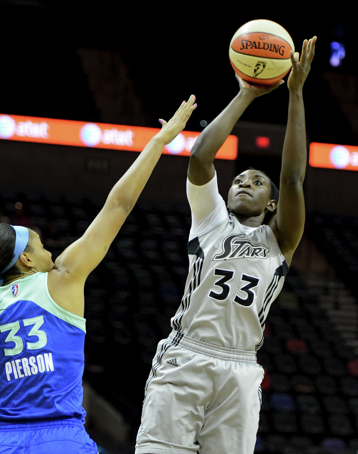 The Silver Stars' Sophia Young (33) takes a shot during a WNBA game between the San Antonio Silver Stars and the New York Liberty on Tuesday, Sept. 18, 2012, at the AT&T Center.