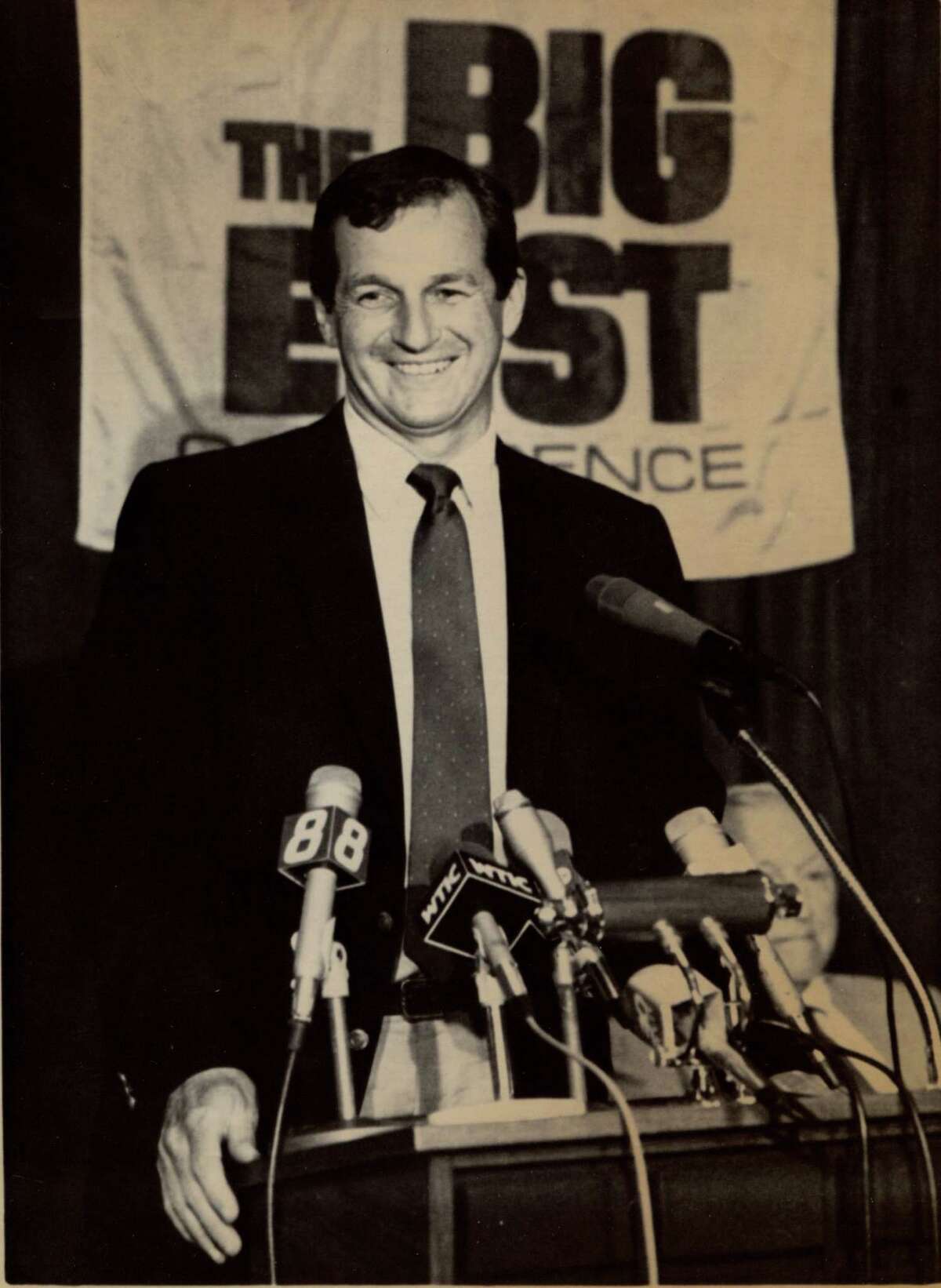 Jim Calhoun at a press conference in Storrs, Conn. where he was named the new head basketball coach at the University of Connecticut on May 15th, 1986. Calhoun, was the coach at Northeastern University for the previous 14 years.