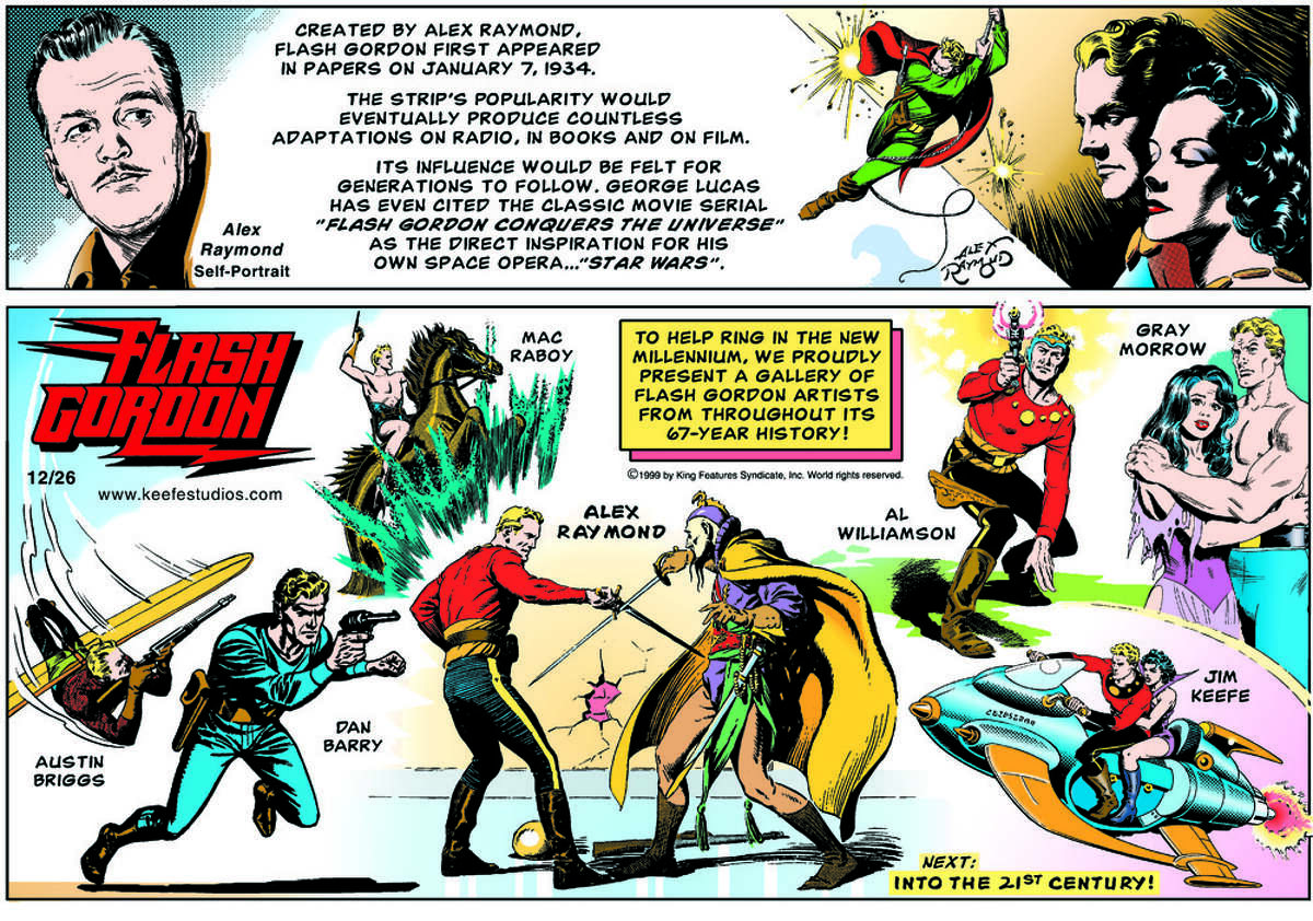 Artist Jim Keefe, who was the writer and artist of the "Flash Gordon" comic strip for King Features Syndicate from 1996 to 2003, created this image celebrating the many artists who over the years have brought this space adventurer to life. It is one of the pieces that will be featured in the exhibition, "Flash Gordon and The Heroes of the Universe," which will run at the Stamford Museum and Nature Center in Stamford, Conn., Saturday, Sept. 22, to Sunday, Nov. 4, 2012. For more information, call 203-322-1646, or visit www.stamfordmuseum.org. © 2012 King Features Syndicate, Inc.