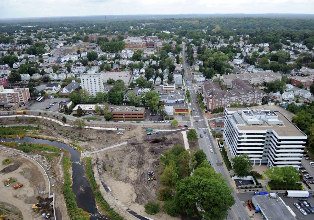 The progress at Mill River Park can be seen from the roof of Trump Parc in Stamford on Thursday, September 20, 2012.