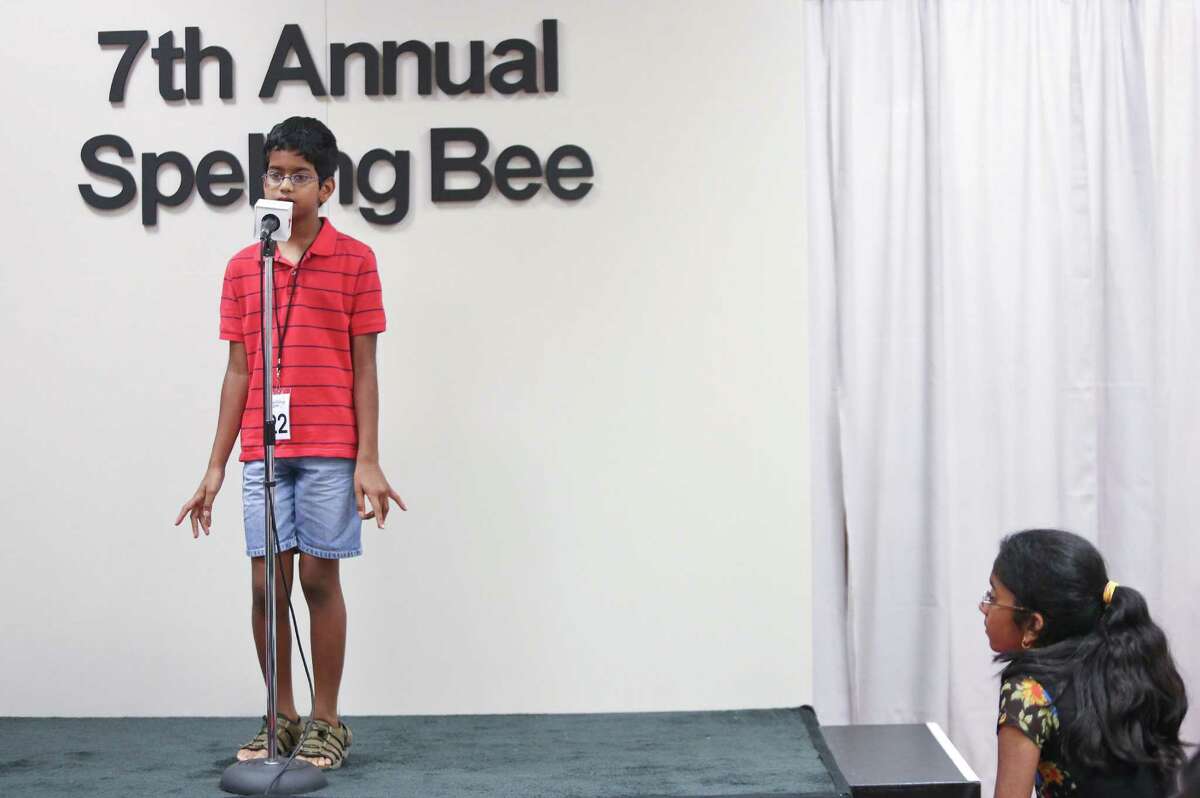 Shourav Dasari, 9, competes in the Macy's Spelling Bee. His sister Shobha won, but Shourav came in second.