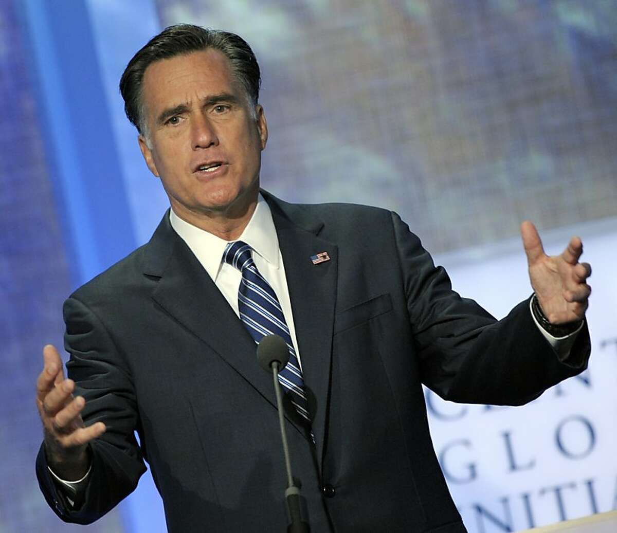 Republican presidential candidate Mitt Romney speaks at the annual meeting of the Clinton Global Initiative (CGI) in New York, U.S., on Tuesday, Sept. 25, 2012.