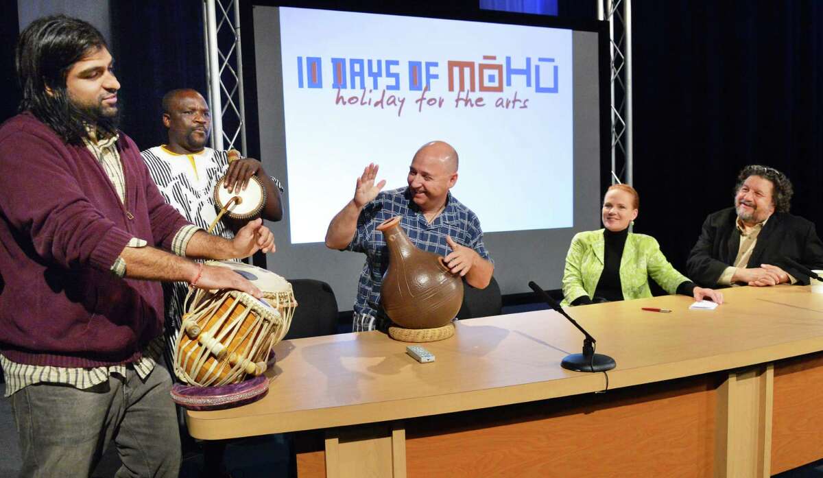 Percussionists, from left, Devesh Chandra, Zorkie Nelson and Brian Melick join SaratogaArtsFest's Mary Ellen O'Loughlin and Proctor's Philip Morris, at right, to launch the second annual MoHu festival during a news conference at WMHT studios in Troy Tuesday Sept. 18, 2012. The MOHU festival returns for ten days this October, celebrating the arts throughout the greater Capital Region. Beginning Friday, October 5, more than 100 venues, artists, and arts organizations from all over Albany, Schenectady, Rensselaer, and Saratoga counties band together to display the strength and diversity of the cultural programming that makes this area so special. (John Carl D'Annibale / Times Union)