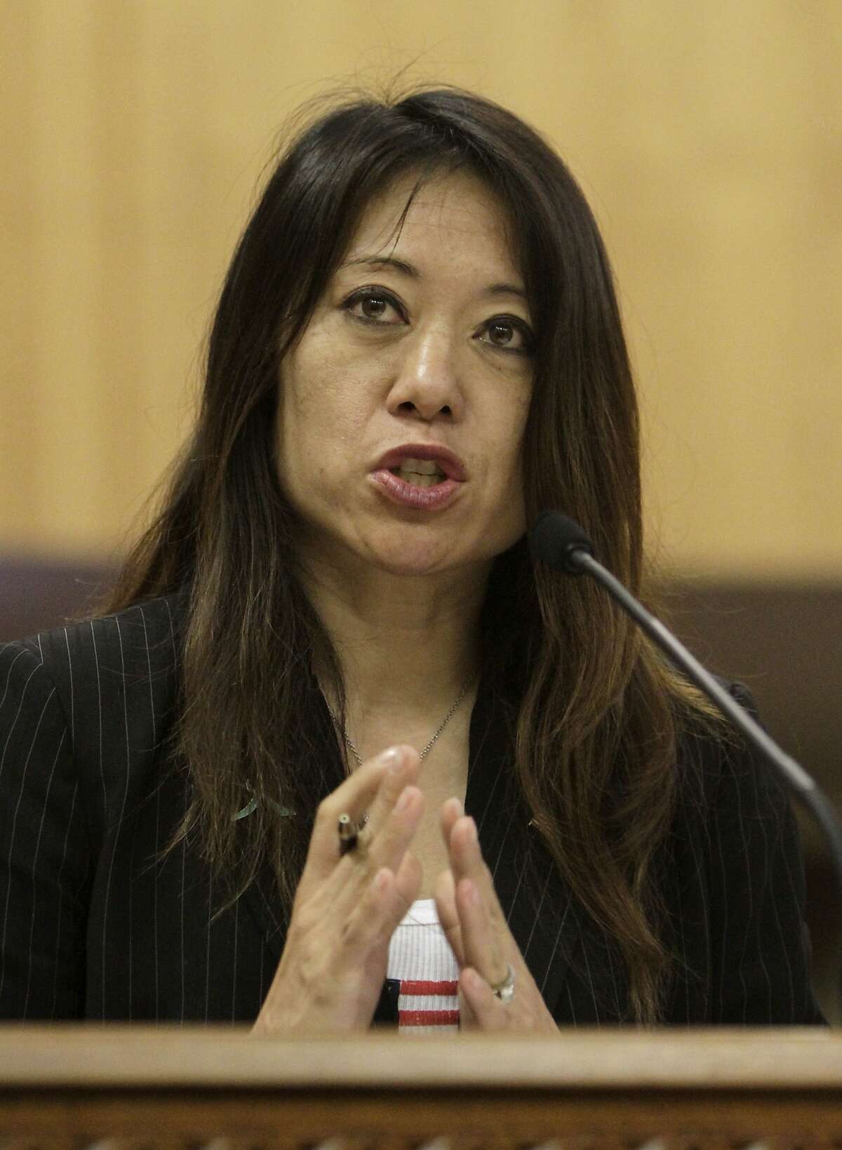 Assemblywoman Fiona Ma, D-San Francisco, urges lawmakers to approve her measure to increase the pay of the harbor pilots who navigate massive cargo ships through San Franciso Bay, during a hearing at the Capitol in Sacramento, Calif., Tuesday, June 14, 2011. The bill would raise the annual salary from about $400,000 annually. The Pacific Merchant Shipping Association contends San Francisco Bay's pilots are among the best paid in the industry and that any increase will hurt Northern California ports' competitiveness. (AP Photo/Rich Pedroncelli)