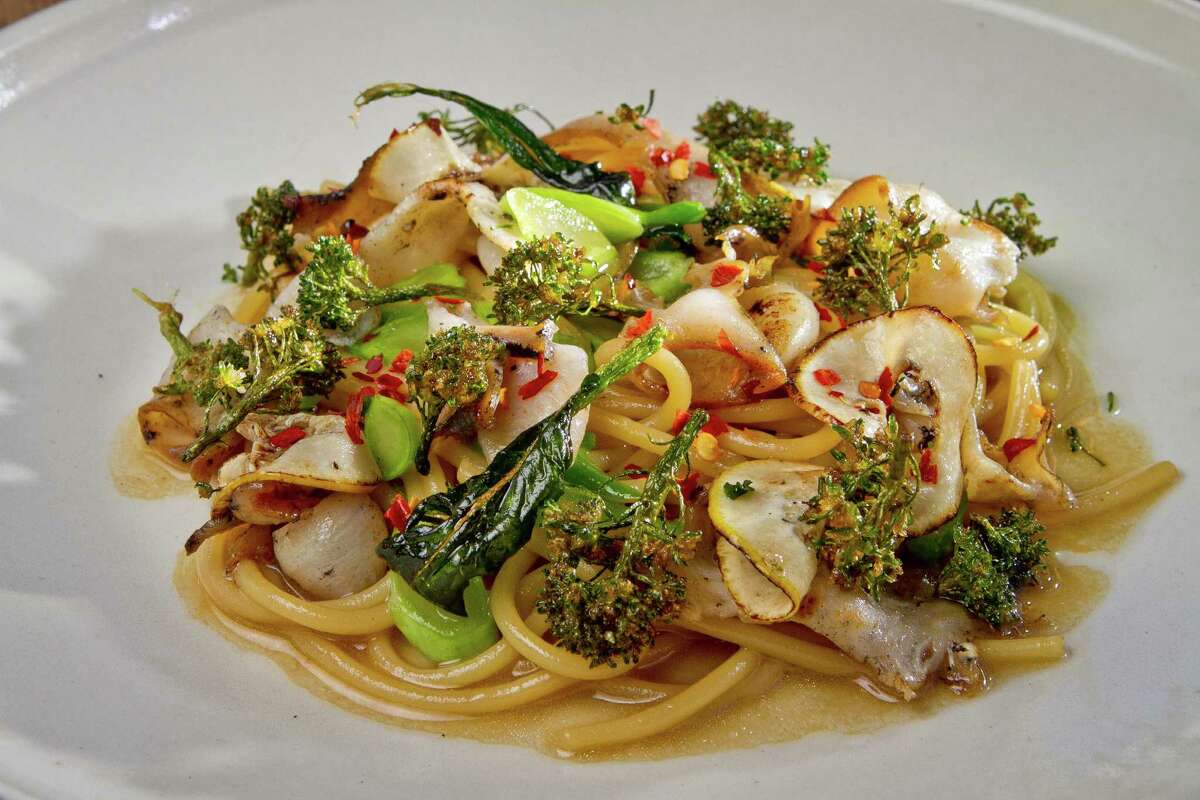 Evan Rich’s spaghetti with abalone and broccolini.