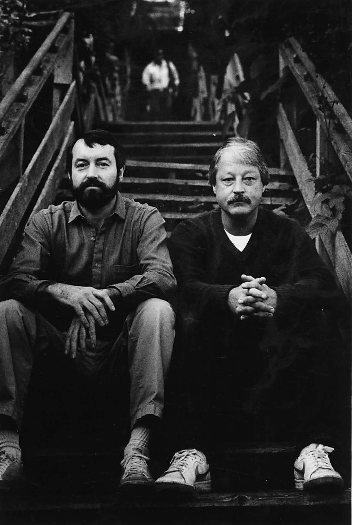 Gary Kray (right) sits on the Filbert Street steps in 1985 with Larry Habegger, who with his wife will take over the gardening.