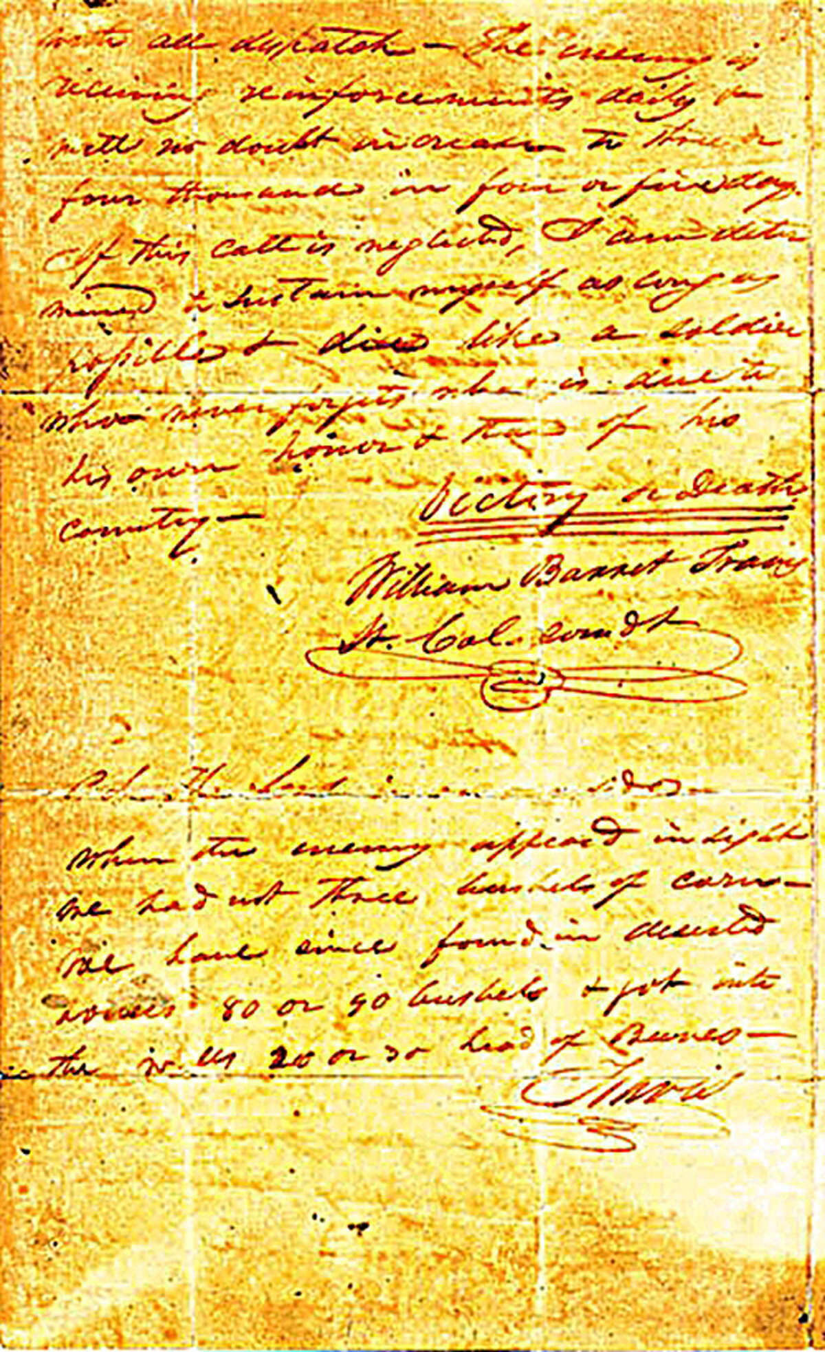 The Texas General Land Office spokesman Mark Loeffler said his agency has been at odds with the State Library and Archives Commission, trying to get the original 'victory or death' William Barrett Travis letter returned to the Alamo for the first time since it was written in 1836. The Travis "Victory or Death" letter is located in the Texas State Library and Archives, Austin.