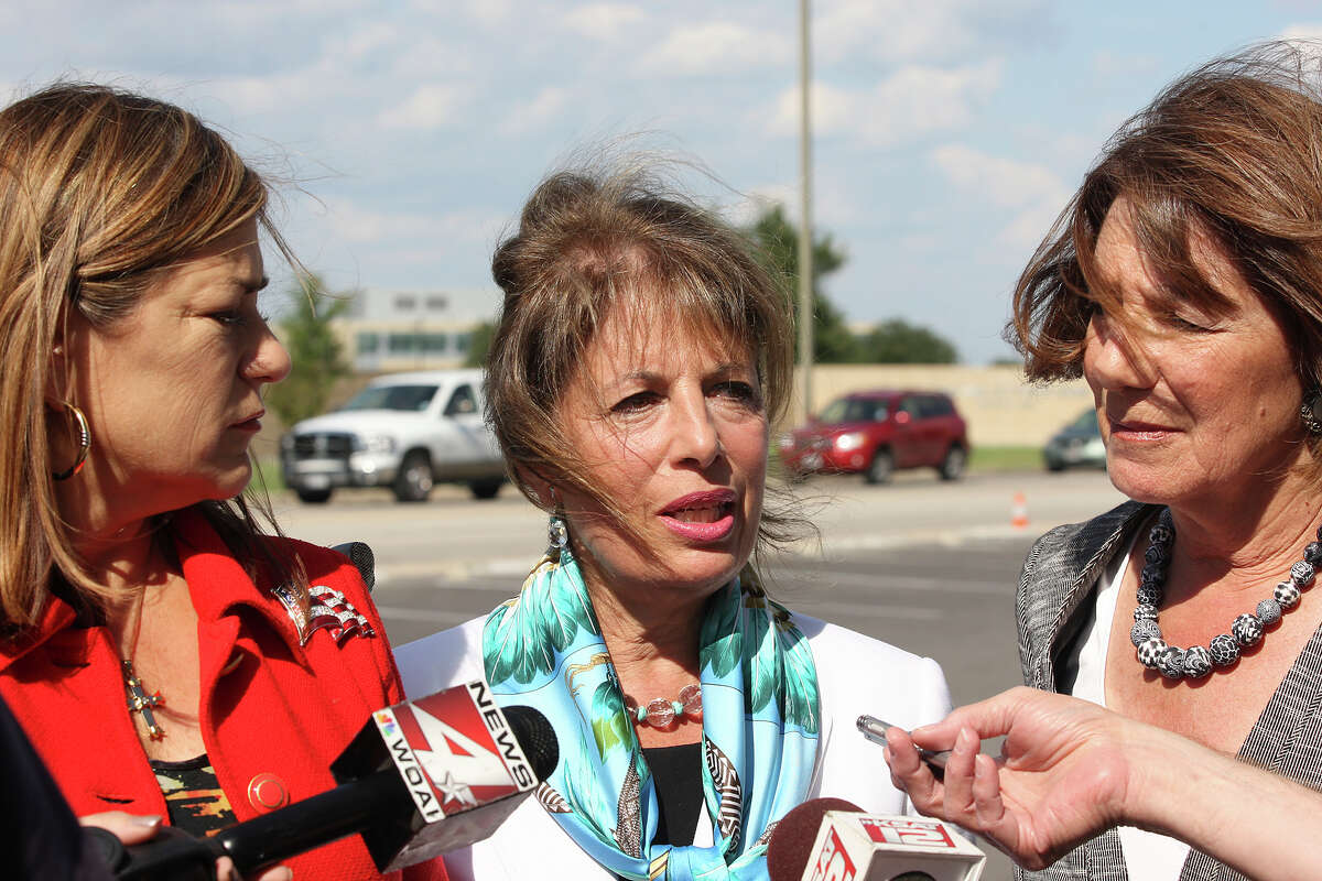 U.S. Congresswomen, members of the House Armed Services Committee, from left, Loretta Sanchez, D-California, Jackie Speier, D-California and Susan Davis, D-California hold a press conference outside Lackland Air Force Base, Tuesday, Oct. 2, 2012. The committee members met with personnel at the base to investigate the ongoing sex scandal.