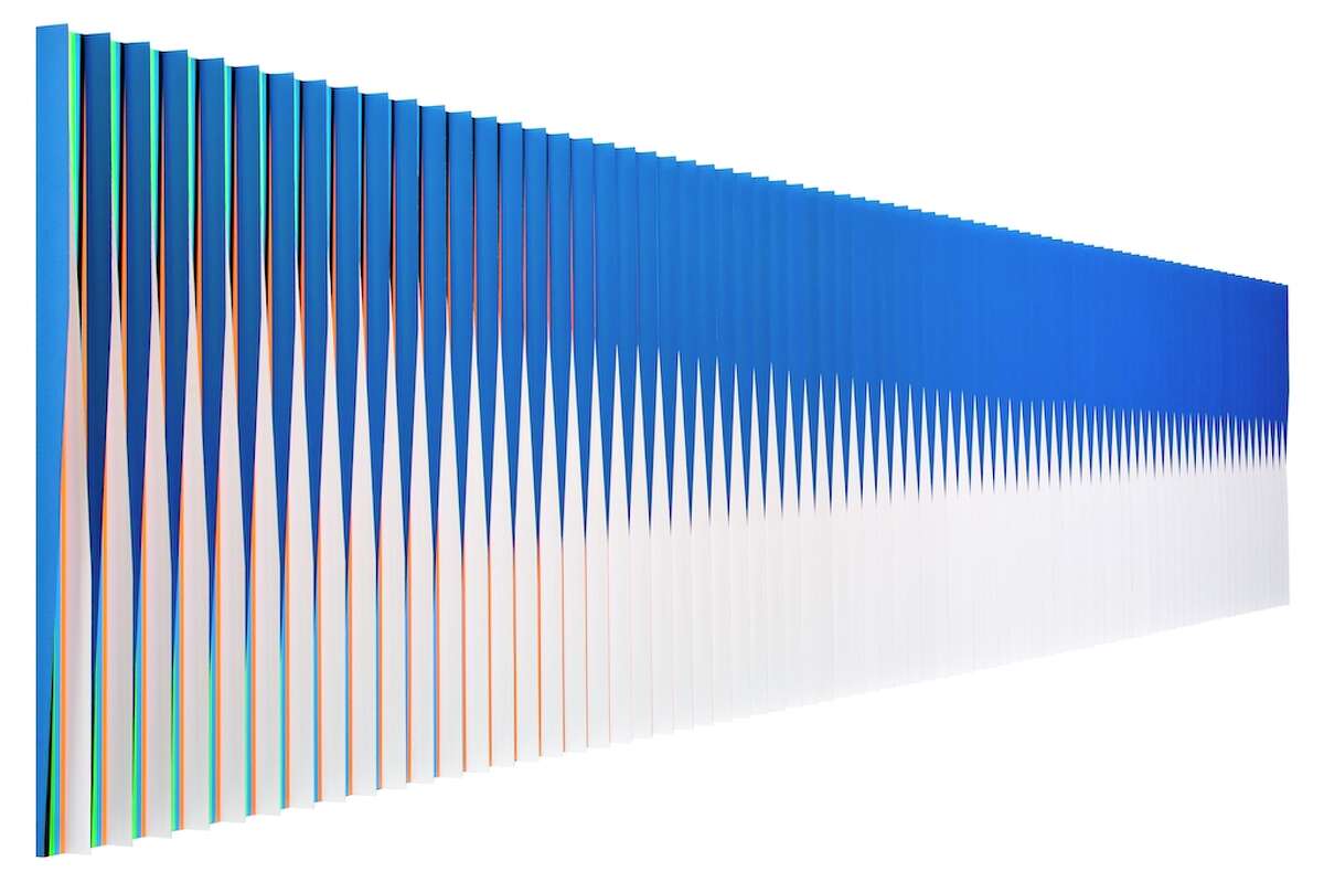 From a side angle, Carlos Cruz-Diez's "Physichromie Panam 94" looks blue and white. From the front, it's a different story. It's on view at Sicardi Gallery through Nov. 3.