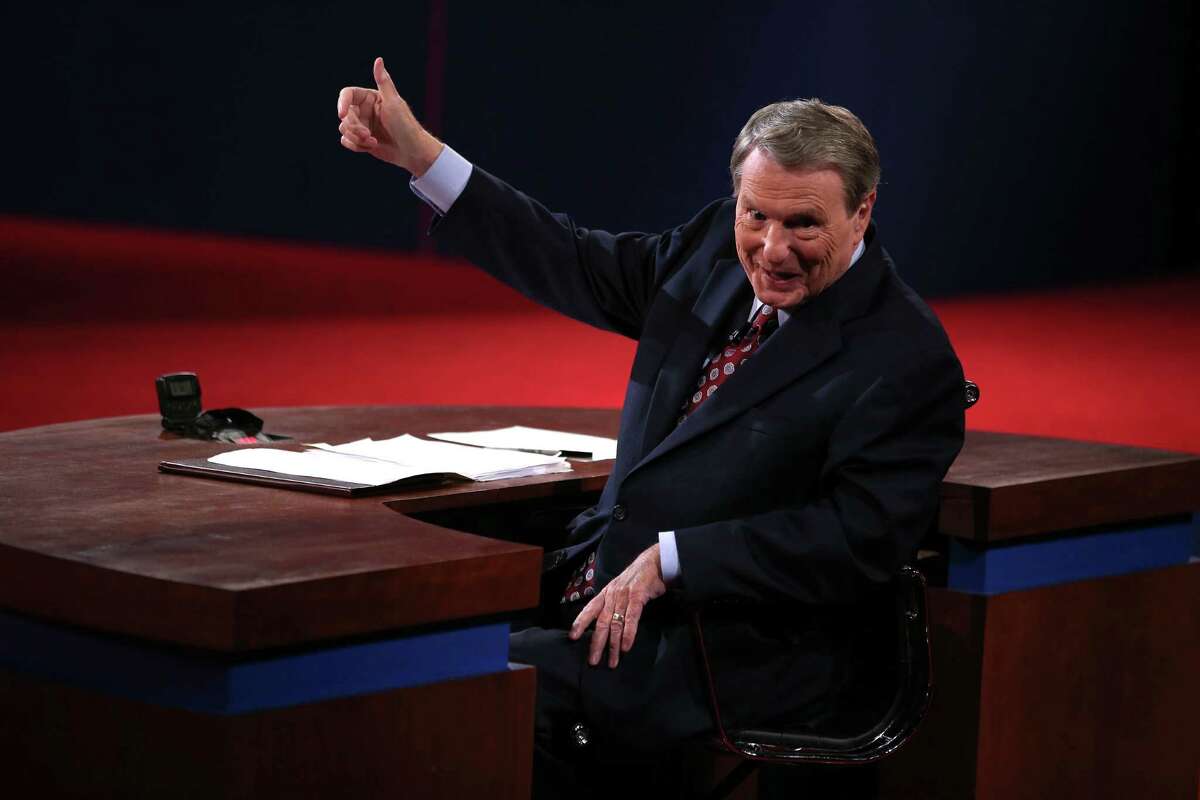 DENVER, CO - OCTOBER 03: Debate moderator Jim Lehrer speaks prior to the Presidential Debate at the University of Denver on October 3, 2012 in Denver, Colorado. The first of four debates for the 2012 Election, three Presidential and one Vice Presidential, is moderated by PBS's Jim Lehrer and focuses on domestic issues: the economy, health care, and the role of government.