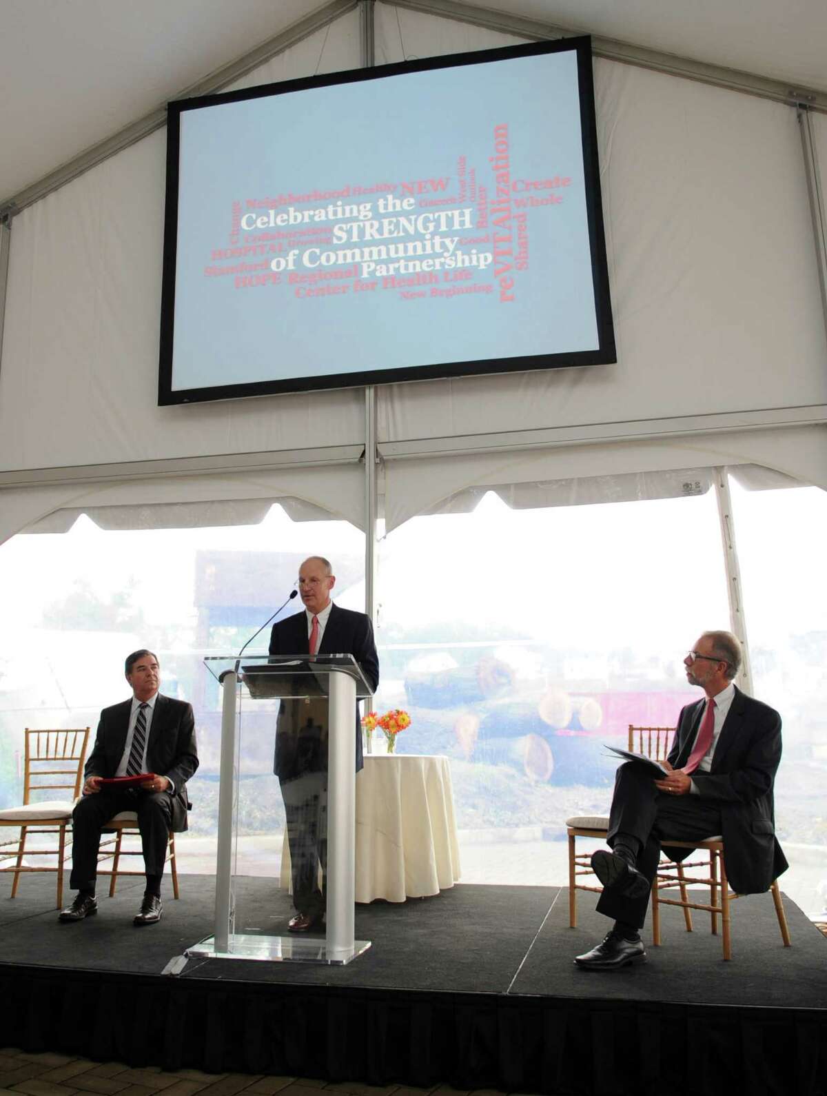 Brian Grissler, President and CEO of Stamford Hospital, speaks during a ceremony to discuss a collaborative effort between Stamford Hospital and Charter Oak Communities to revitalize the west side at Stamford Hospital on Thursday, October 4, 2012.