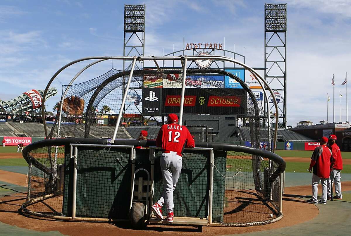 Manager Dusty Baker watches his Cincinnati Reds team take batting practice at AT&T Park in San Francisco, Calif. on Friday, Oct. 5, 2012. Game 1 of the NLDS against the Giants is Saturday.