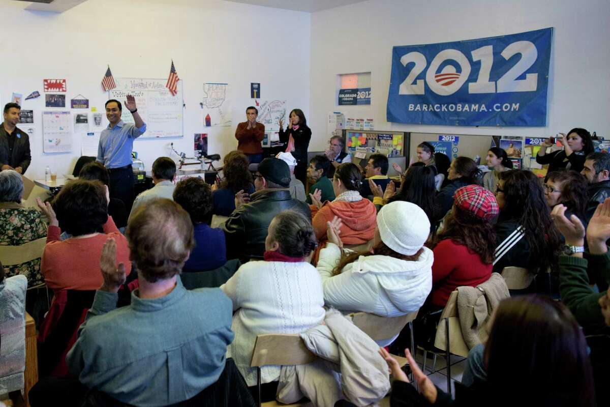 Texas state Rep. Joaquín Castro waves after addressing a crowd of volunteers at the Obama for America West office in Denver, Saturday, Oct. 6, 2012, before the group begins canvasing the streets to register people to vote in the Nov. 6 general election.