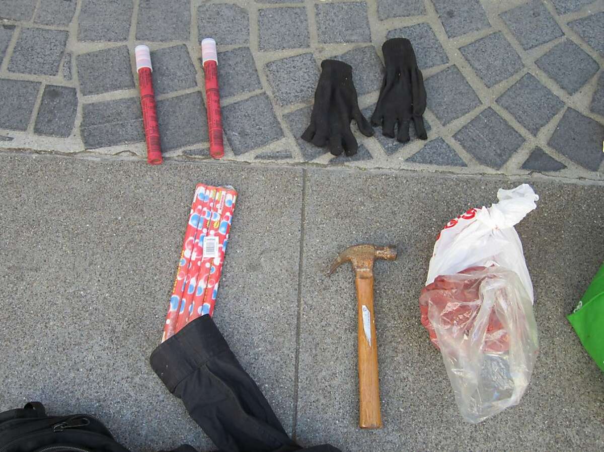 Items taken from some of the 22 protesters who were arrested in San Francisco on Saturday, Oct. 6, 2012.