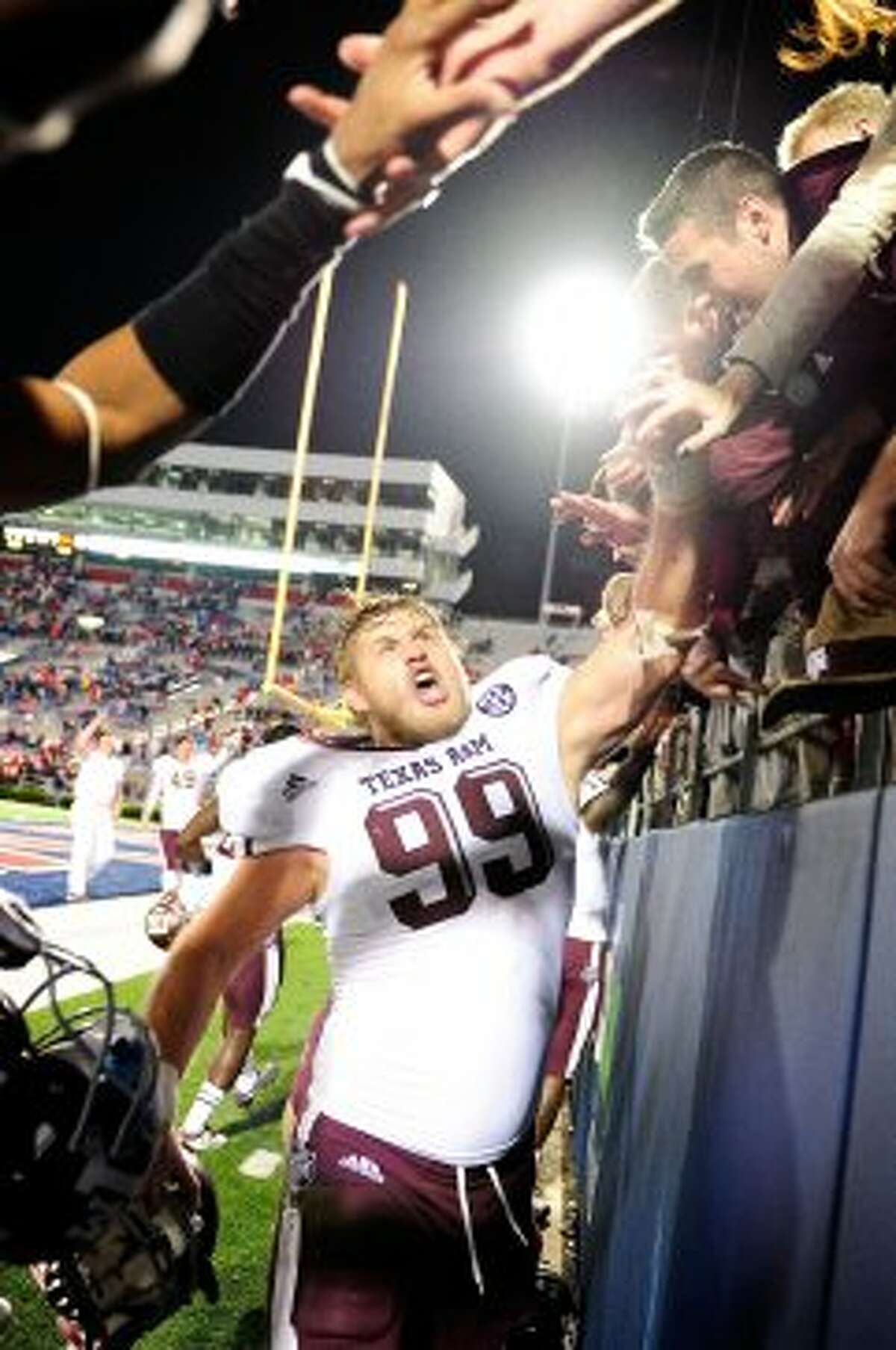 The Aggies’ Spencer Nealy, celebrating the Oct. 6 win over Ole Miss, faces his toughest test yet against LSU.