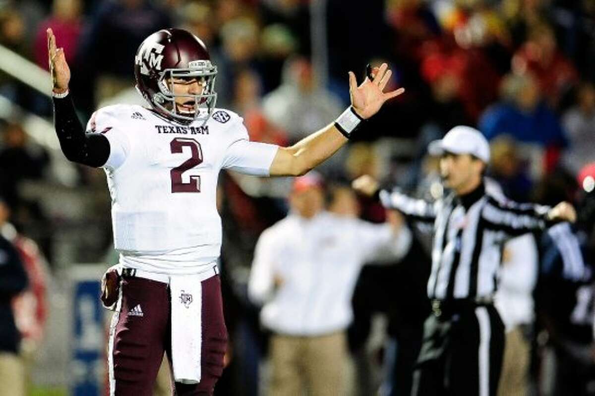 OXFORD, MS - OCTOBER 06: Johnny Manziel #2 of the Texas A&M Aggies reacts to a call during a game against the Ole Miss Rebels at Vaught-Hemingway Stadium on October 6, 2012 in Oxford, Mississippi. (Photo by Stacy Revere/Getty Images) (Getty Images)