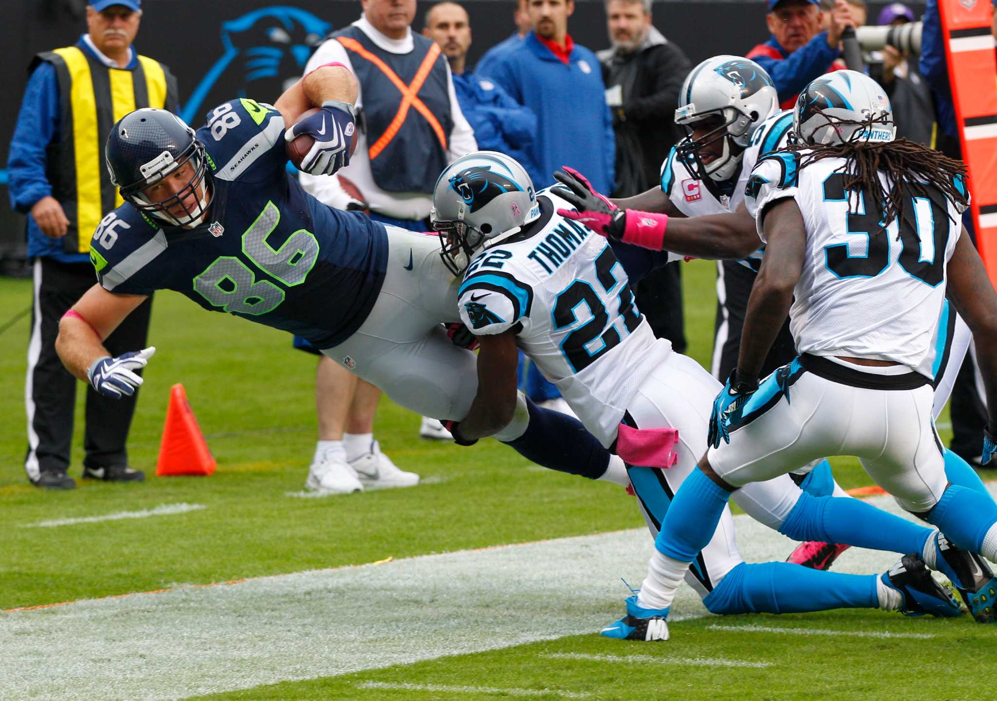 Seattle Seahawks' Anthony McCoy (85) on the sidelines against the Carolina  Panthers during the first quarter of an NFL football game in Charlotte,  N.C., Sunday, Oct. 7, 2012. The Seahawks won 16-12. (