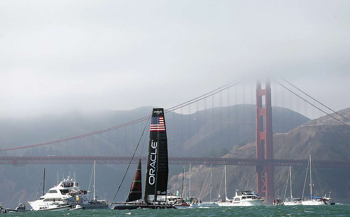 SAN FRANCISCO, CA - OCTOBER 07: Oracle Team USA skippered by James Spithill competes in the final fleet race during the America's Cup World Series on October 7, 2012 in San Francisco, California. Teams are racing on an AC45 boat, which is the forerunner to the AC72 that teams will race next year in the Louis Vuitton Cup and America's Cup Finals in San Francisco. (Photo by Ezra Shaw/Getty Images for Omega)