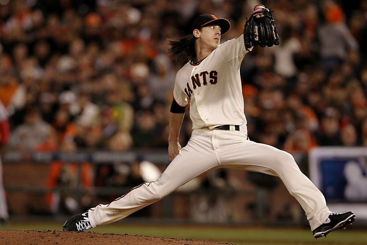 Giants Tim Lincecum came in to pitch in the sixth inning as the San Francisco Giants took on the Cincinnati Reds in game two of the National League Divisional Series at AT&T Park San Francisco, Calif., on Sunday October 7, 2012.