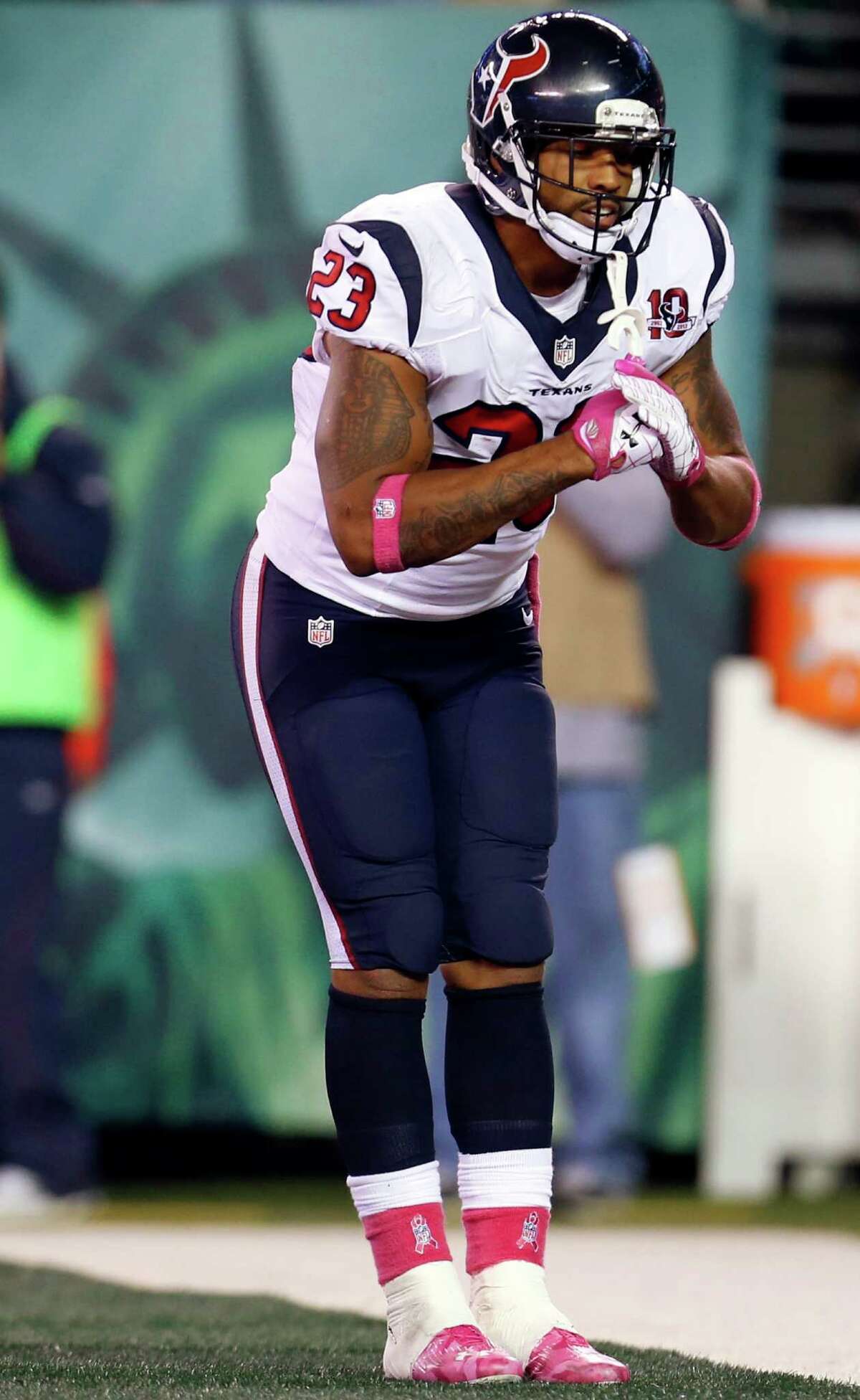 Houston Texans running back Arian Foster (23) celebrates after rushing for a touchdown during the first half of an NFL football game against the New York Jets, Monday, Oct. 8, 2012, in East Rutherford, N.J. (AP Photo/Julio Cortez)