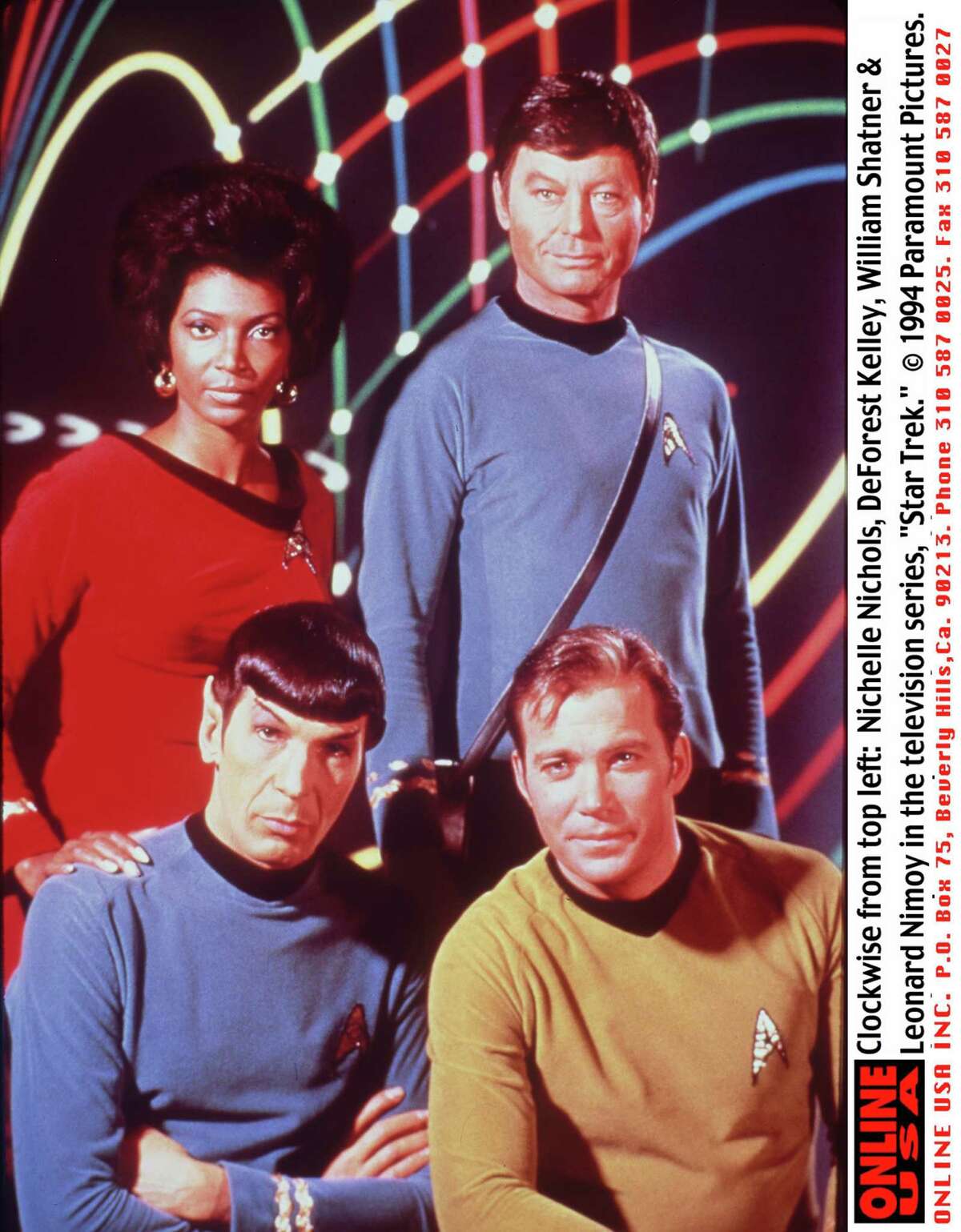 Clockwise from top left: Nichelle Nichols, DeForest Kelley, William Shatner & Leonard Nimoy in the television series, "Star Trek."