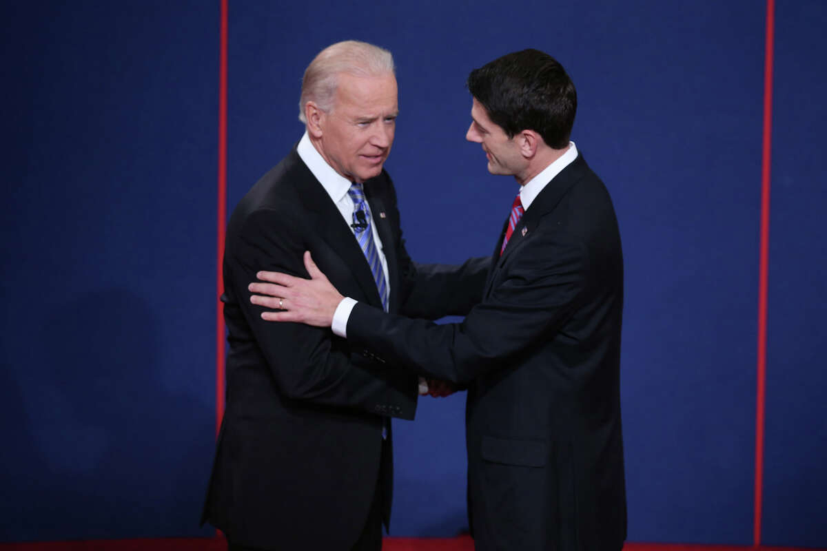 DANVILLE, KY - OCTOBER 11: U.S. Vice President Joe Biden (L) shakes hands with Republican vice presidential candidate U.S. Rep. Paul Ryan (R-WI) (R) during the vice presidential debate at Centre College October 11, 2012 in Danville, Kentucky. This is the second of four debates during the presidential election season and the only debate between the vice presidential candidates before the closely-contested election November 6. (Photo by Win McNamee/Getty Images)
