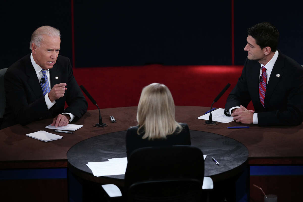 DANVILLE, KY - OCTOBER 11: U.S. Vice President Joe Biden (L) and Republican vice presidential candidate U.S. Rep. Paul Ryan (R-WI) (R) participate in the vice presidential debate as moderator Martha Raddatz looks on at Centre College October 11, 2012 in Danville, Kentucky. This is the second of four debates during the presidential election season and the only debate between the vice presidential candidates before the closely-contested election November 6. (Photo by Win McNamee/Getty Images)