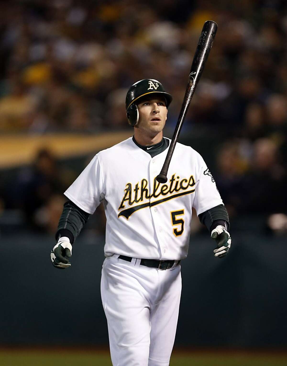 Stephen Drew flips the bat after striking out in the first inning. The Oakland Athletics played the Detroit Tigers in game 5 of the ALDS at O.co Coliseum in Oakland, Calif. on Thursday, October 11, 2012.