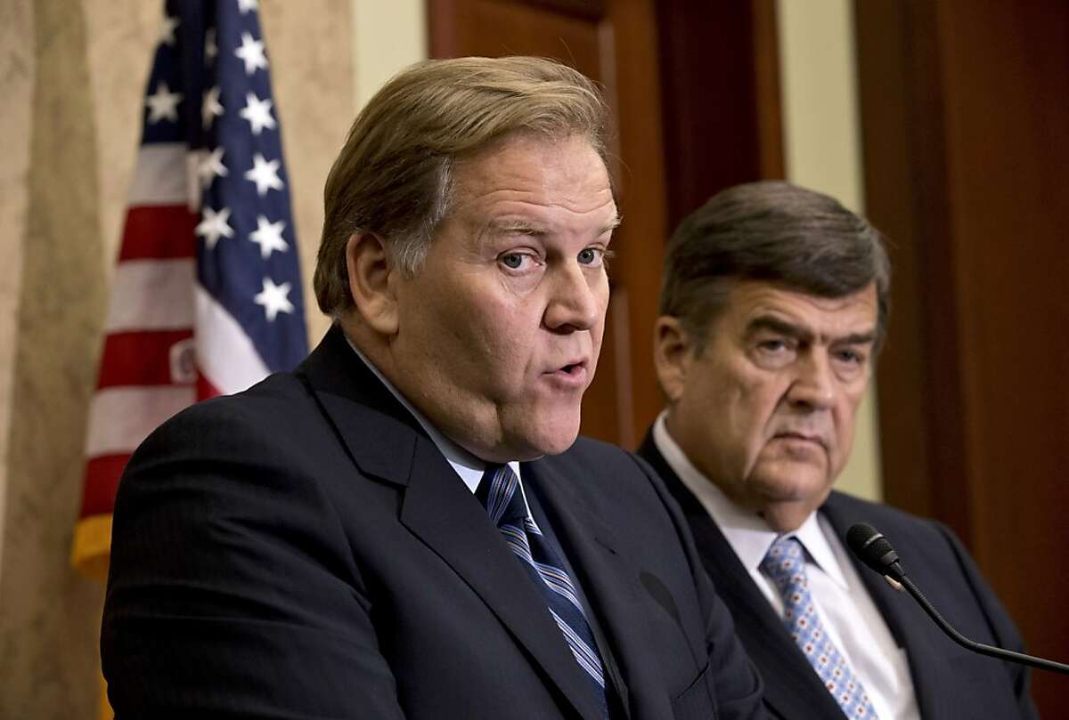 House Intelligence Committee Chairman Rep. Mike Rogers, R-Mich., left, and the committee's ranking Democrat, Rep. C.A. "Dutch" Ruppersberger, D-Md., right, participate in a news conference on Capitol Hill in Washington, Monday, Oct. 8, 2012, where they released a report on a yearlong probe of China's two leading technology firms, Huawei Technologies Ltd. and ZTE Corp., warning they pose a major security threat to the US. (AP Photo/J. Scott Applewhite)