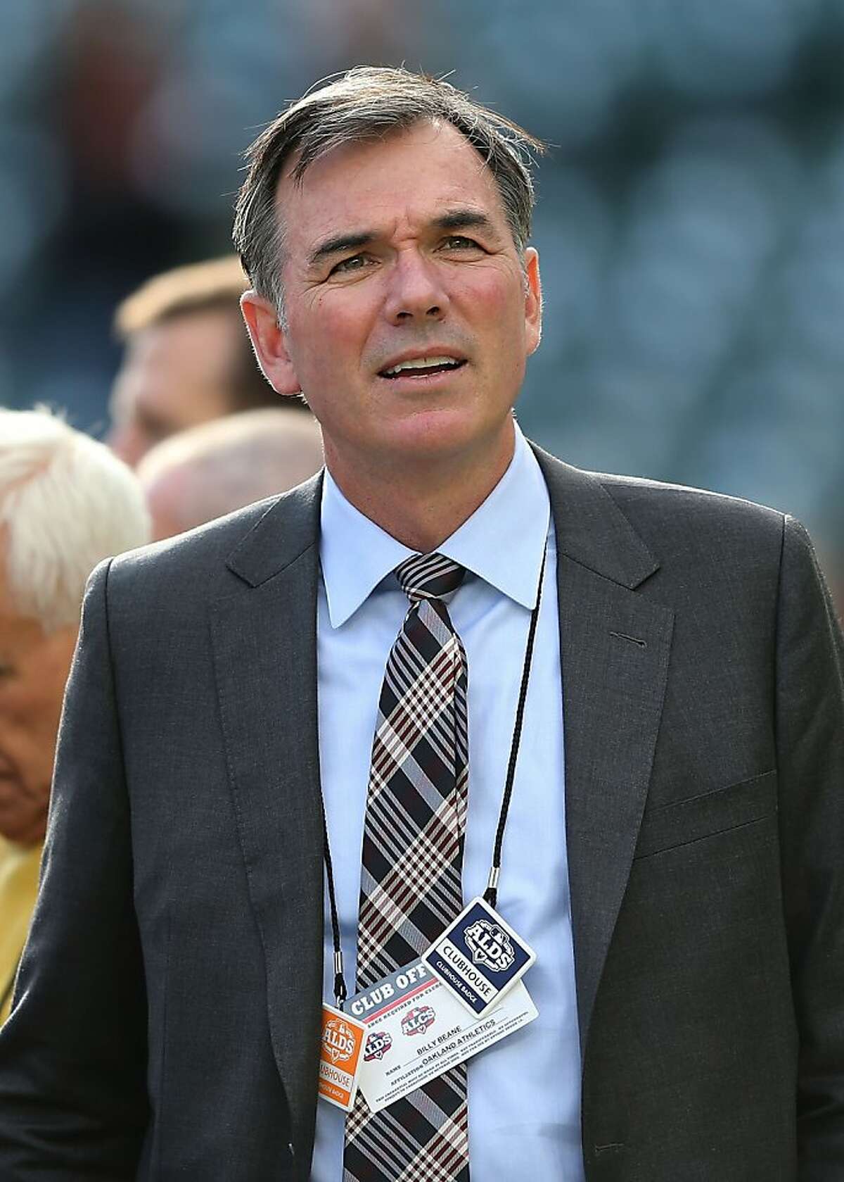 DETROIT, MI - OCTOBER 06: General manager Billy Beane of the Oakland Athletics watches batting practice prior to Game One of the American League Division Series against the Detroit Tigers at Comerica Park on October 6, 2012 in Detroit, Michigan. (Photo by Leon Halip/Getty Images)