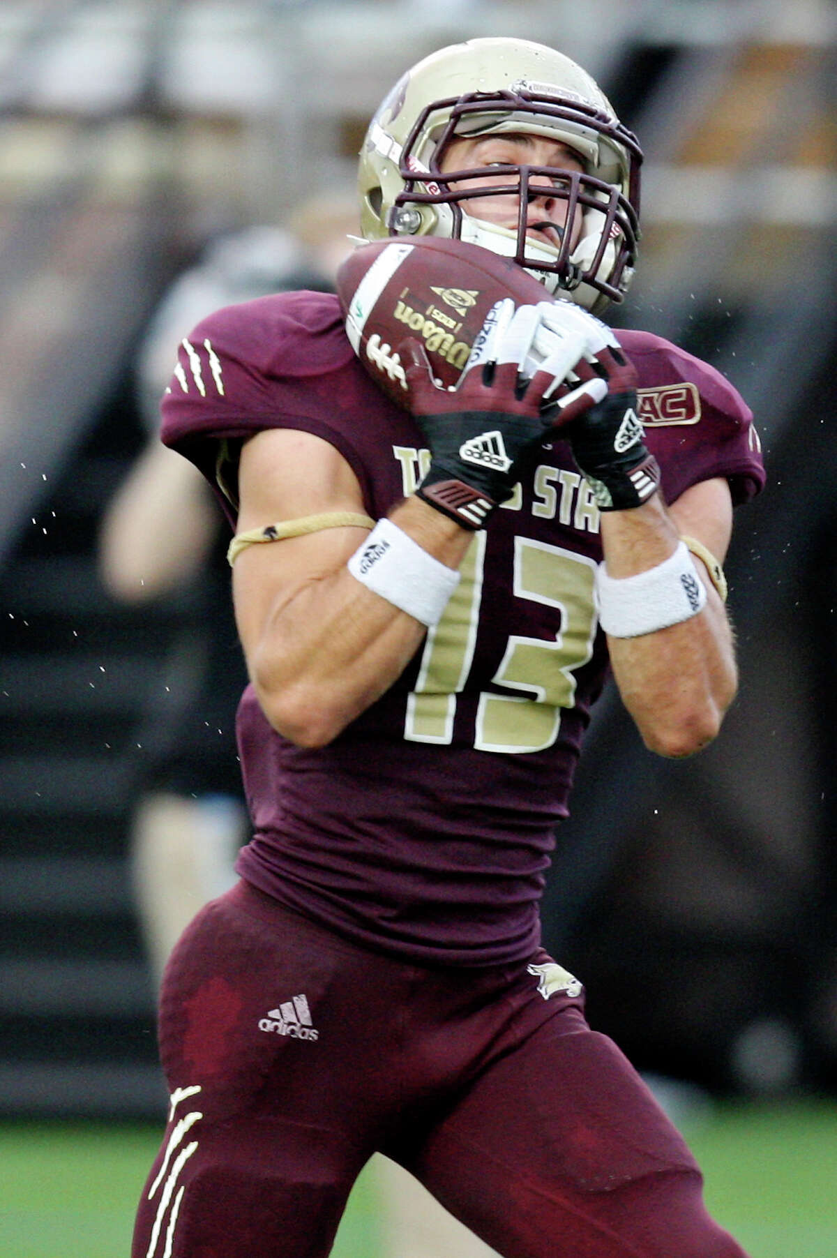 Texas State Bobcats' Andy Erickson catches a pass during first half action against the Idaho Vandals Saturday Oct. 13, 2012 at Bobcat Stadium in San Marcos, Tx. Erickson scored a touchdown on the play.