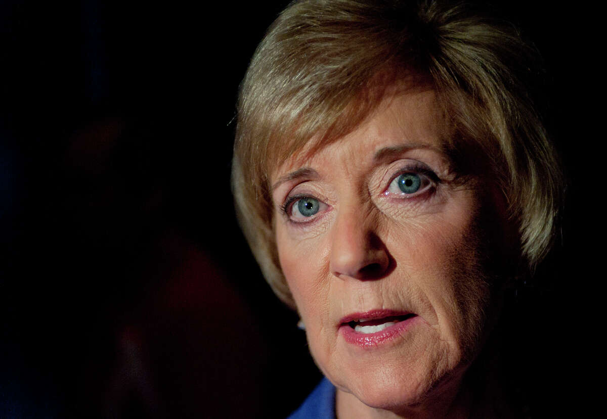 Republican candidate for U.S. Senate Linda McMahon speaks to the media after a debate against Democratic candidate, U.S. Rep. Chris Murphy, D-Conn., in New London, Conn., Monday, Oct. 15, 2012. (AP Photo/Jessica Hill)