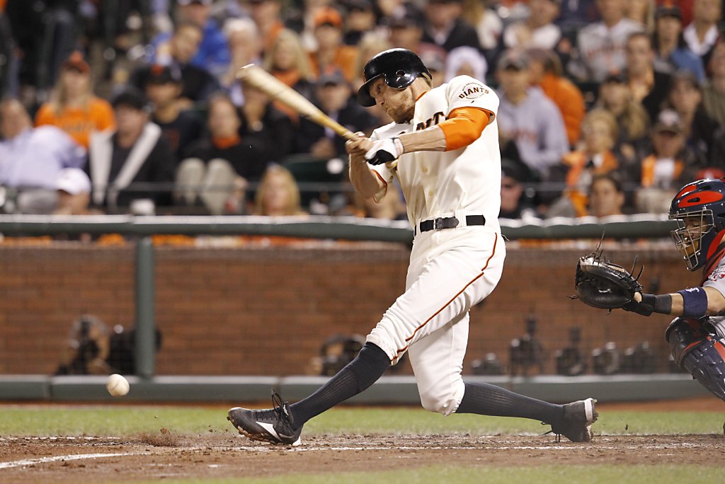 Giants' second baseman Marco Scutaro reacts after hitting a double in  News Photo - Getty Images