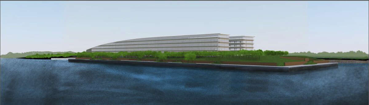 Architectural rendering showing the proposed 850,000-square-foot office building to house hedge fund Bridgewater Associates on the 14-acre site of a former boatyard in Stamford's South End.
