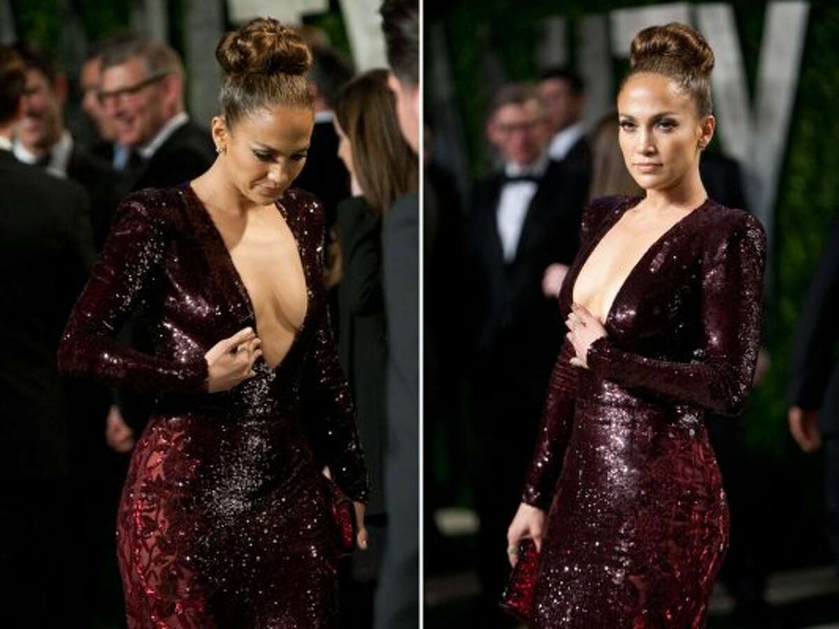 There was a lot of chittering over Jennifer Lopez's supposed nipple slip during her stage appearance with Cameron Diaz at the 2012 Academy Awards. (Her stylist said it didn't happen.) But something seemed to be going on with Lopez in a different dress at a Vanity Fair Oscar party this year. Photos by Getty Images.