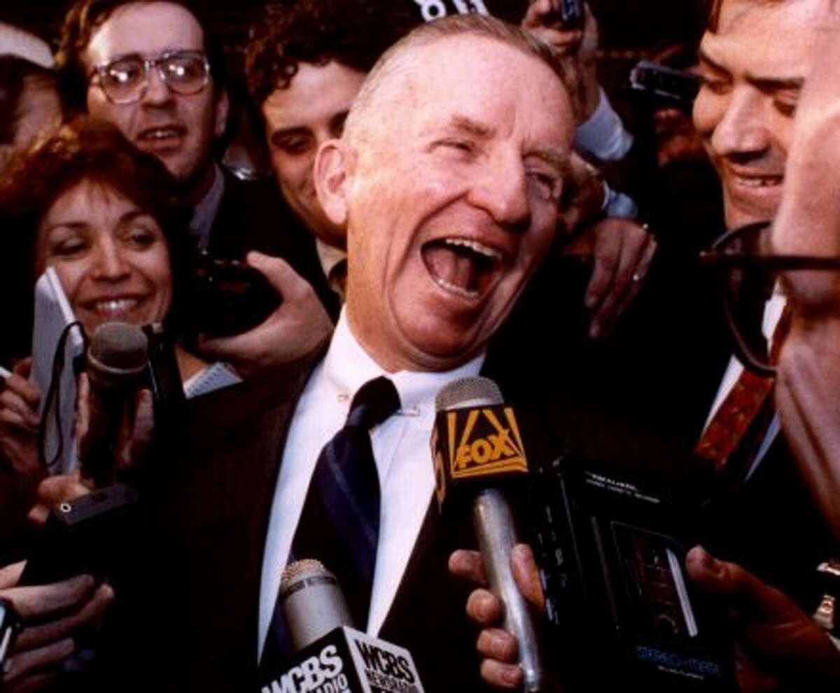 Texas billionaire H. Ross Perot laughs after saying 'Watch my lips, ' in response to reports asking when he plans to formally enter the Presidential race. Questions came May 5, 1992 in New York City where Perot was speaking before the American Newspapers Publishers Association. He told the association he plans to slack off on public appearances for the next few weeks to gear up for a Presidential run. 