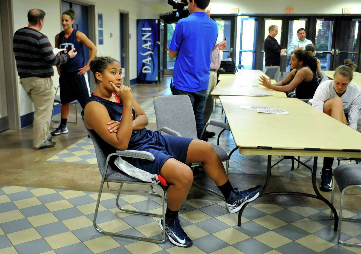 Connecticut's Kaleena Mosqueda-Lewis waits to be interviewed during their NCAA college basketball media day in Storrs, Conn., Tuesday, Oct. 16, 2012. (AP Photo/Jessica Hill)