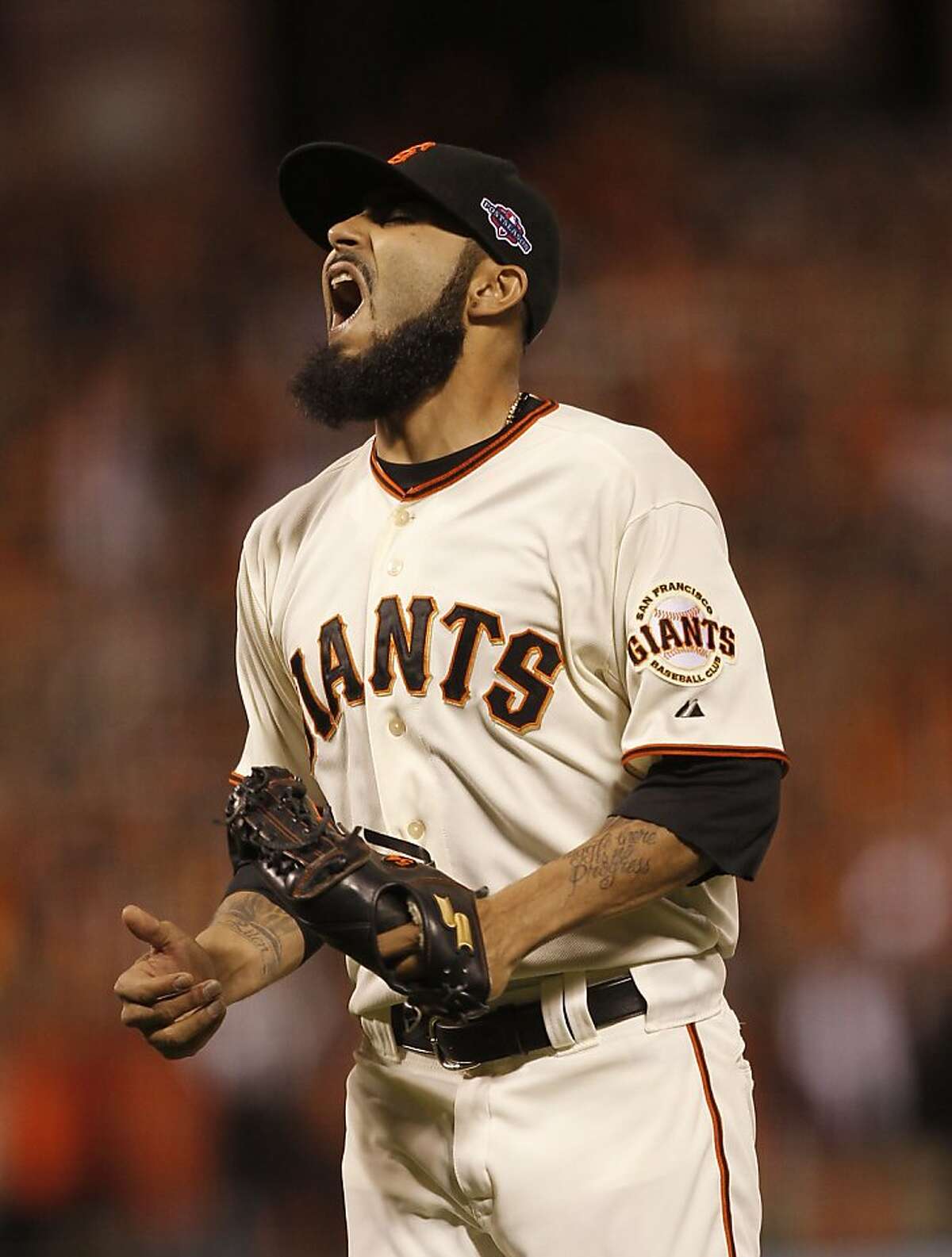 Giants' closer, Sergio Romo makes the final out to end the game, as the San Francisco beat the St. louis Cardinals 7-1 in game two, to tie the National League Championship Series at 1-1, at AT&T Park, the San Francisco, Ca., on Monday Oct. 15, 2012.