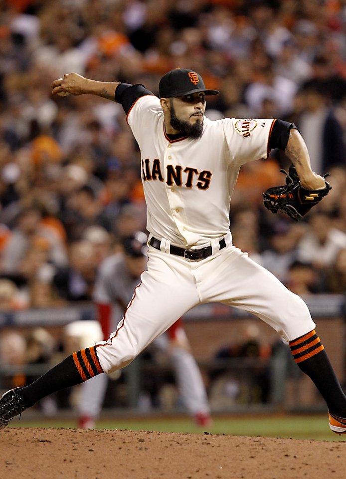 Giants pitcher Brian Wilson closes out the ninth inning as the San  Francisco Giants beat the Los Angeles Dodgers at AT&T Park on Tuesday.  (Michael Macor/San Francisco Chronicle via AP Stock Photo 