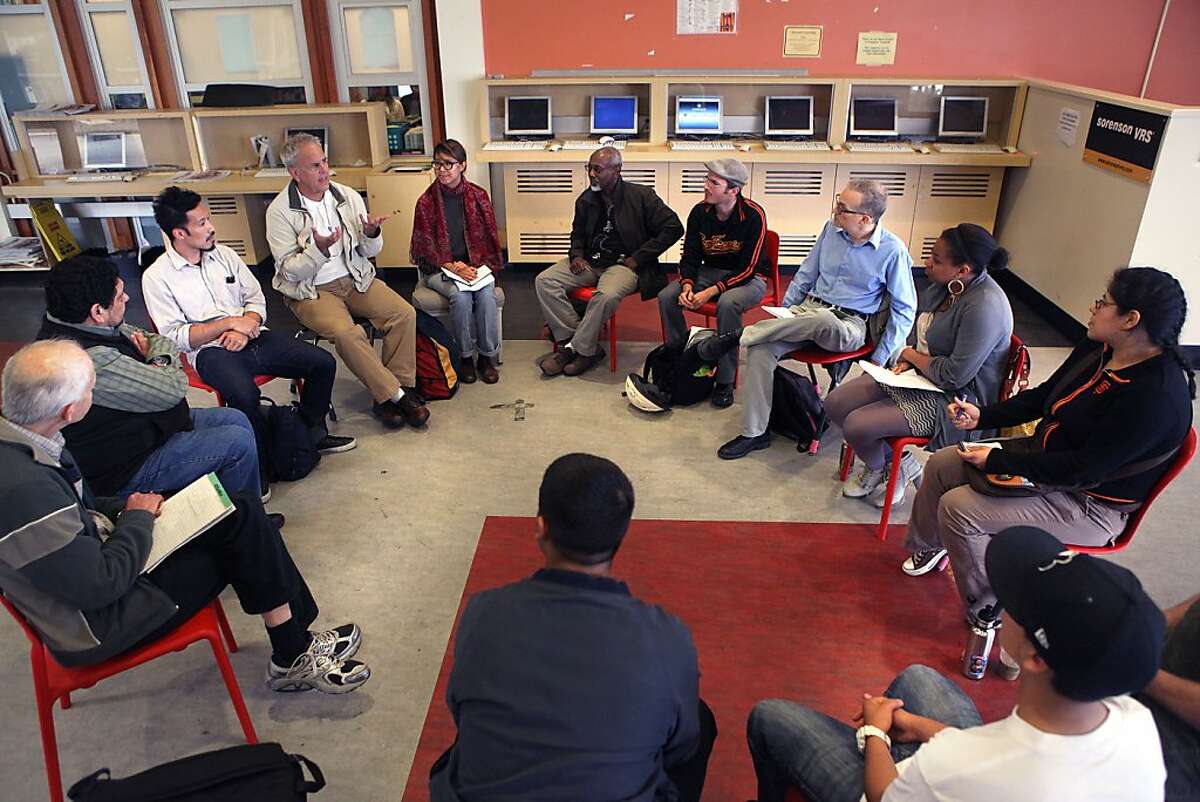 Concerned students and faculty of the City College of San Francisco community gather in a meeting of The Save CCSF coalition in the lounge at CCSF student union in San Francisco, Calif., on Wednesday, October 10, 2012.