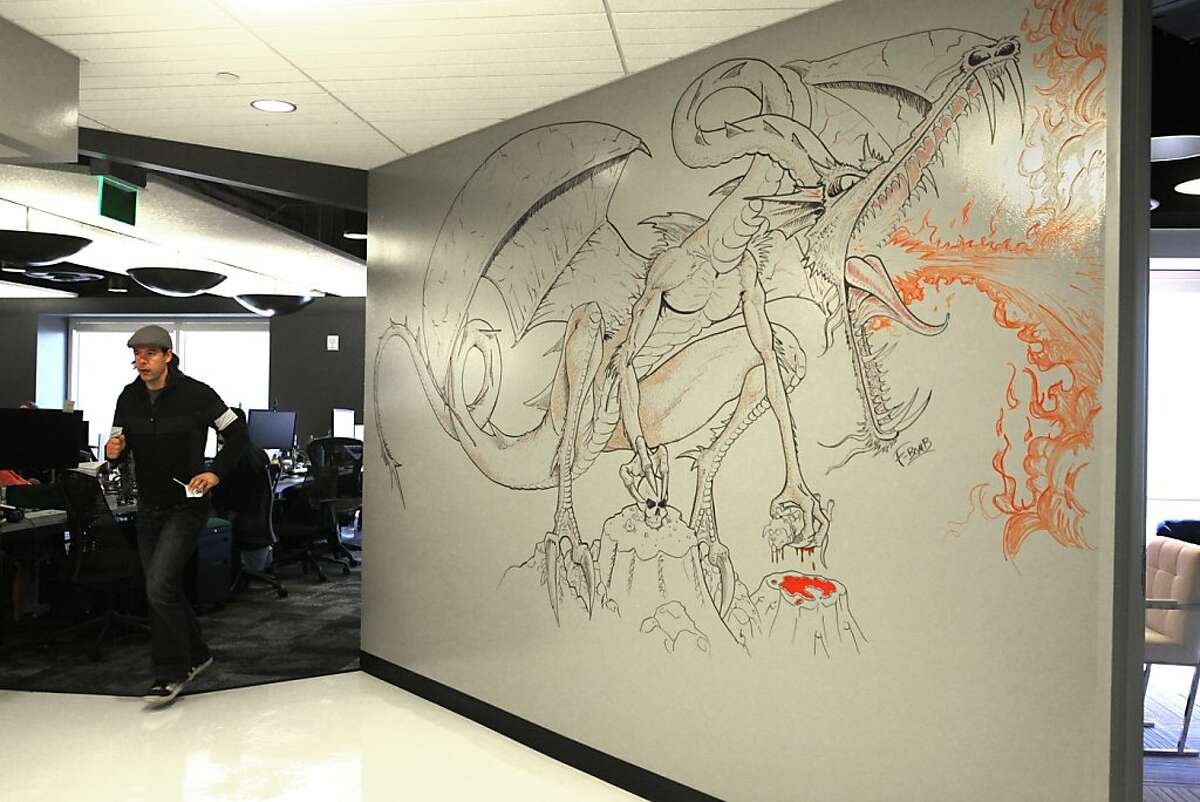A dragon on the wall drawn by an artist at Kixeye in San Francisco, Calif., on Monday, September 24, 2012.