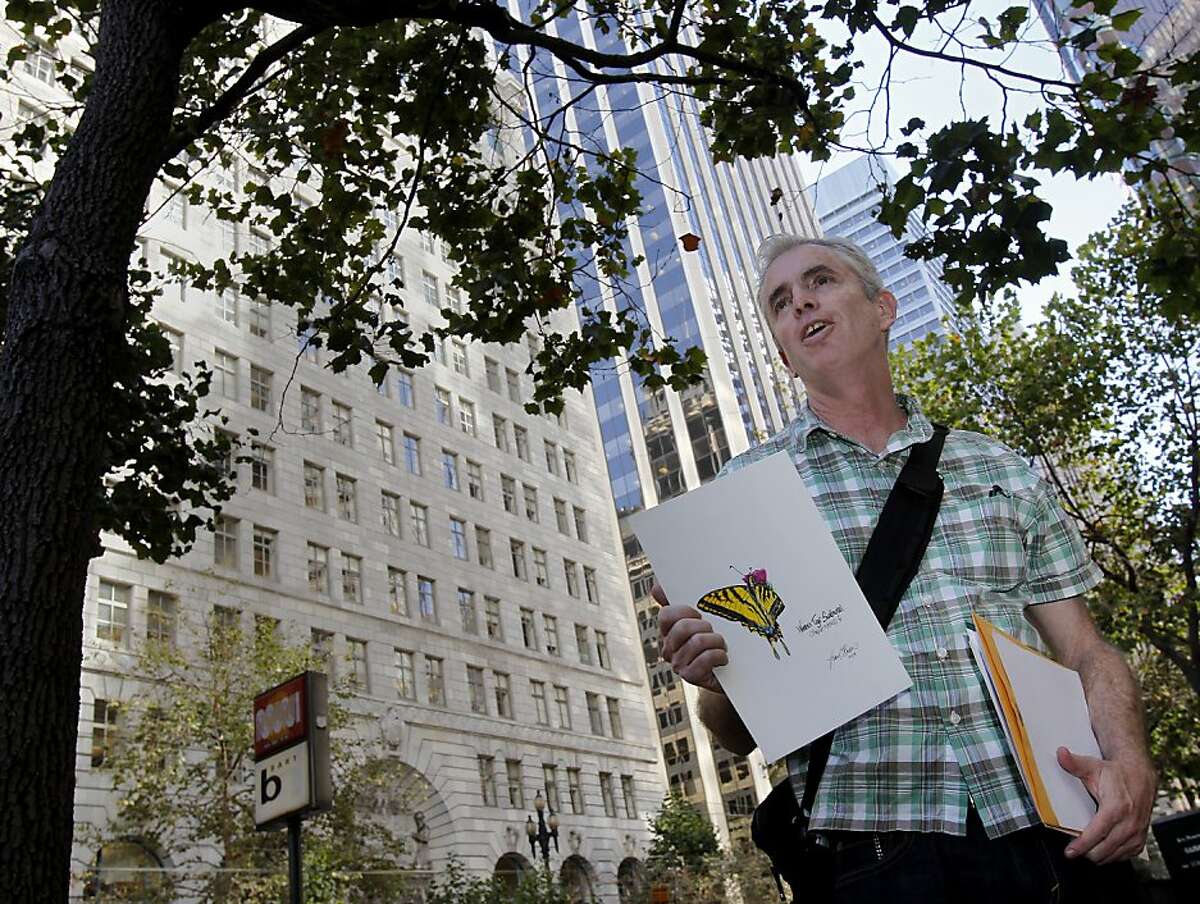 Liam O'Brien often asks people on the street if they have seen the elegant female Western Tiger Swallowtail, which was last seen on Market Street in September. Liam O'Brien is a butterfly expert concerned about a plan to remove trees along Market Street in San Francisco, Calif which are home to swallowtail butterflies.