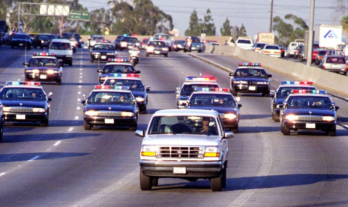 The White Bronco The most famous car chase ever took police down a California freeway as they pursued O.J. Simpson and a friend. The slow speed chase ended at Simpson's Los Angeles mansion, where was arrested for the murder of his wife Nicole Simpson and friend Ronald Goldman.
