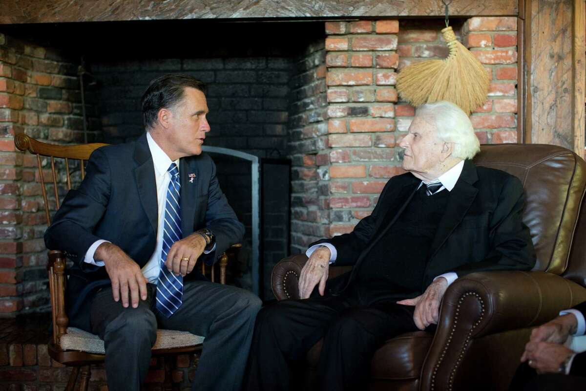 Republican presidential candidate Mitt Romney meets with the Rev. Billy Graham. Graham's son Franklin also was present. Despite religious differences, the Grahams are backing Romney.