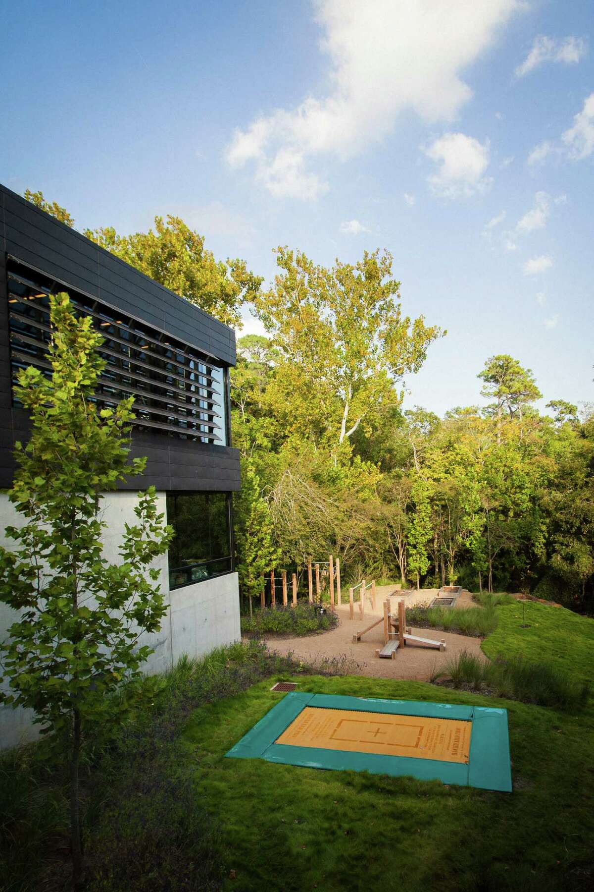 A trampoline outside Michael Bleyzer's private gym at his 15,000-square-foot house overlooking a wooded nature preserve on the banks of Buffalo Bayou and designed by the firm Stern & Bucek, Wednesday, Oct. 10, 2012, in Houston. The Bleyzer House is on this year's American Institute of Architects Home Tour 2012. Read more about the house in Lisa Gray's column.