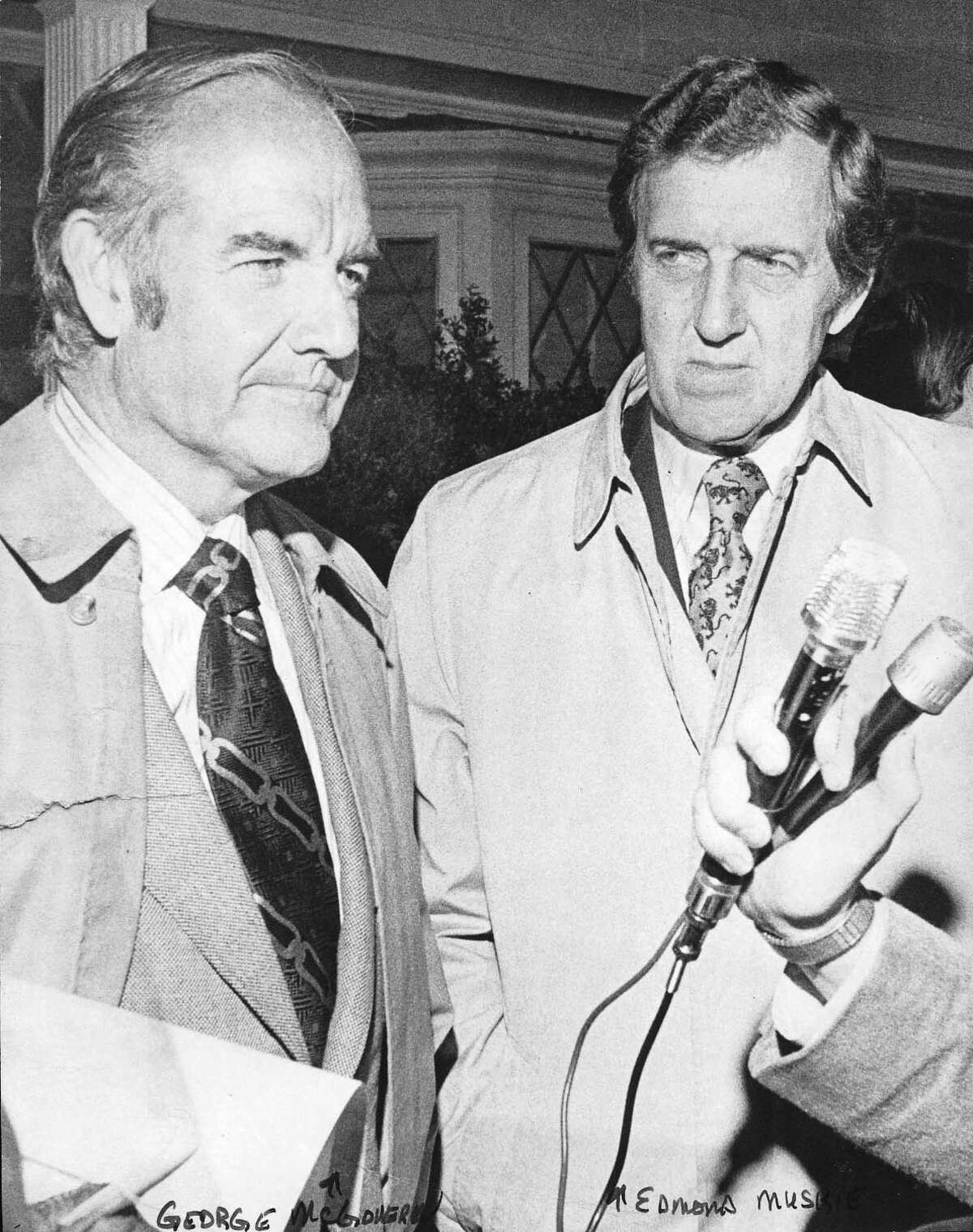 Staff file photo - U.S. Presidential candidate George McGovern, left, and vice presidential candidate Edmund Muskie talk to the media during a campaign stop in Stamford, Conn., on Oct. 21, 1972. McGovern died Sunday, June 21, 2012.