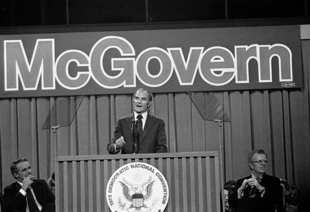 Sen. George S. McGovern makes his acceptance speech at the Democratic National Convention in Miami Beach on July 14, 1972.. At left is his running mate, Sen. Thomas F. Eagleton of Missouri.