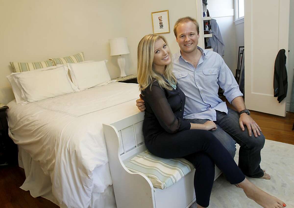 Julia Bayard (left) and Tom Connelly in the one bedroom of their apartment. Julia Bayard and Tom Connelly share a one bedroom apartment in the Marina district of San Francisco, Calif. They were just roommates at first, now they are planning to marry next summer. They arrived with different furnishings, they had to mix for individual tastes.